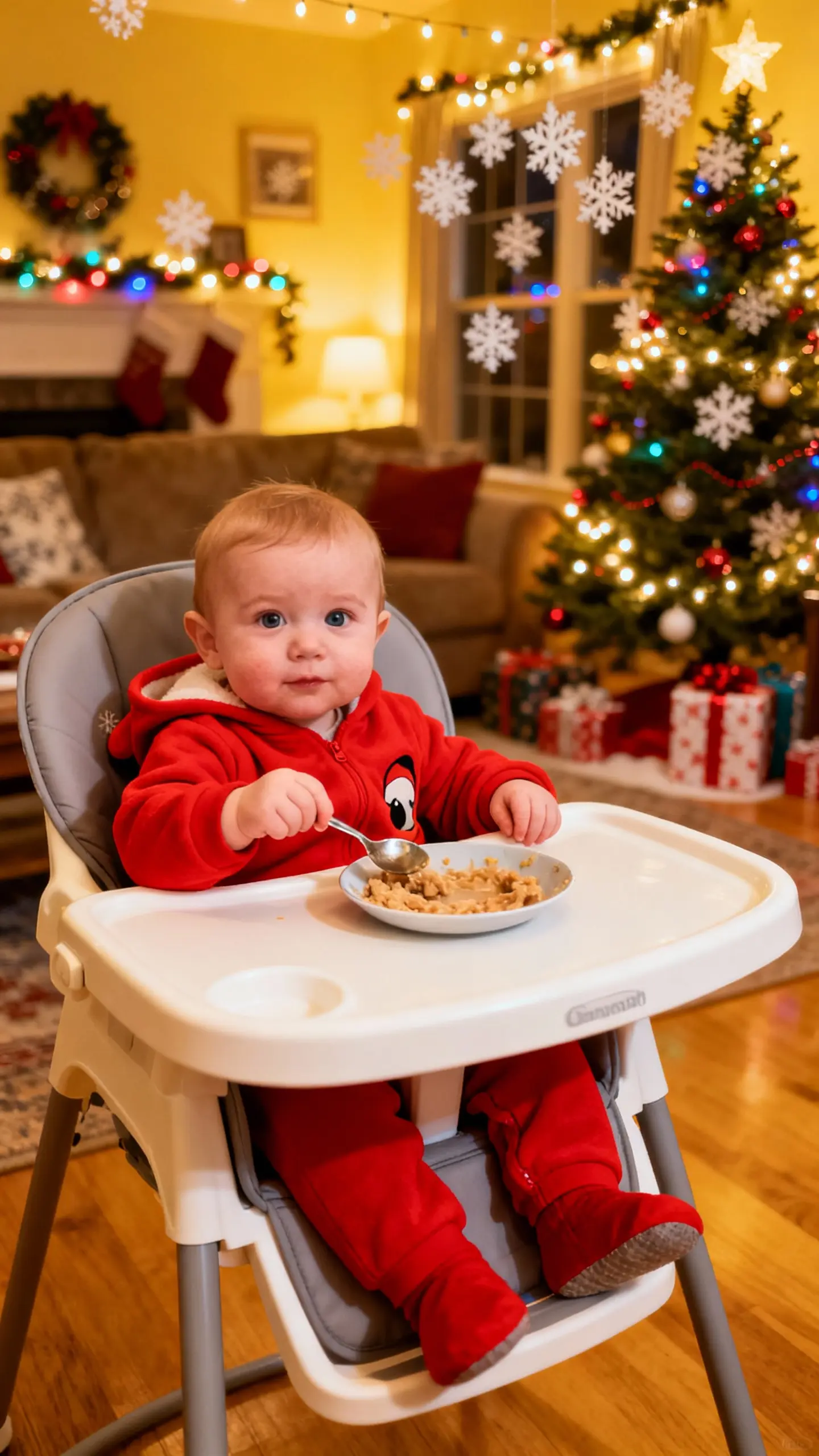 Baby eating in a high chair perfect for AI Baby Talking