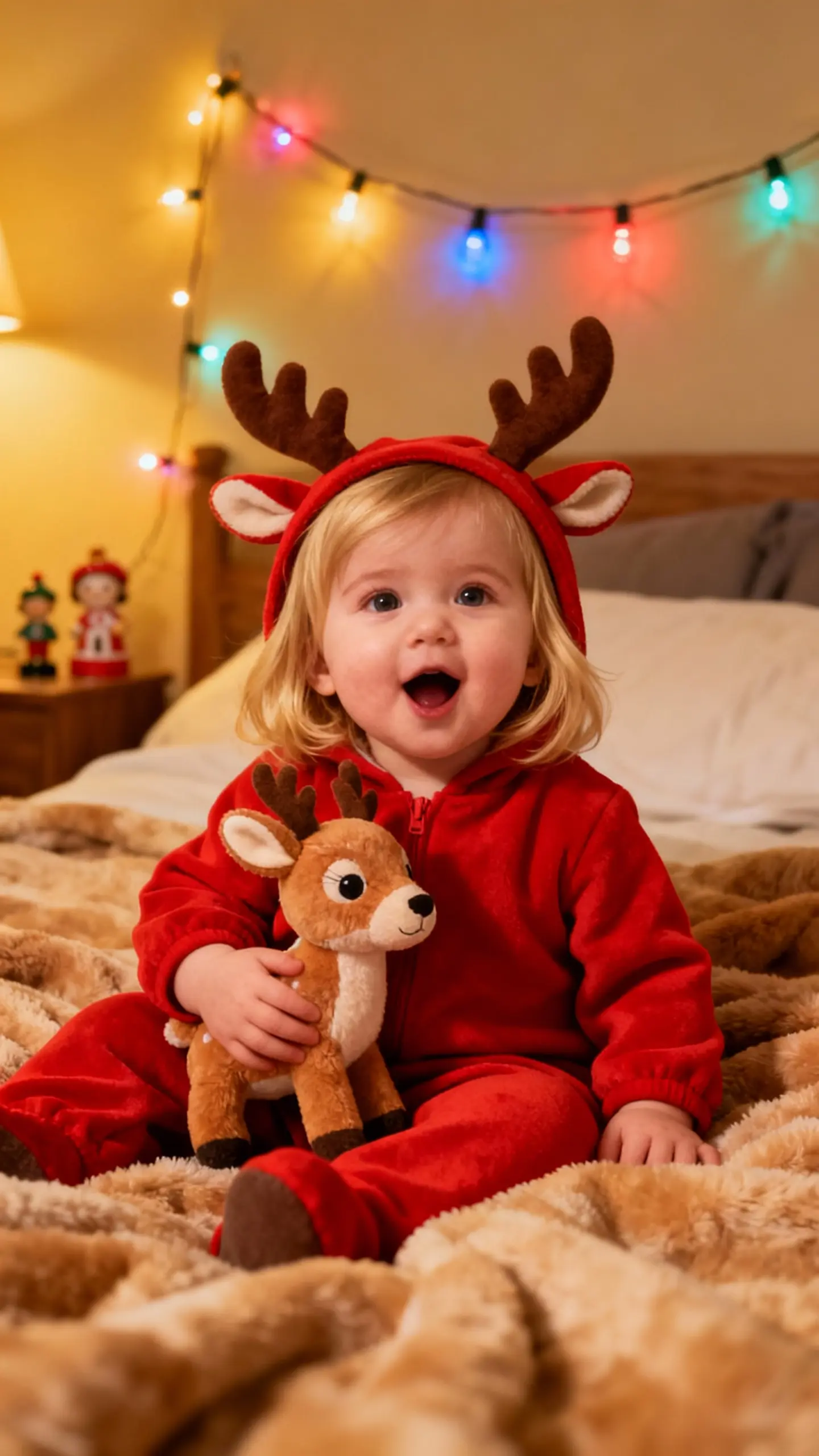 Baby holding reindeer toy on bed Baby Podcast reference scene