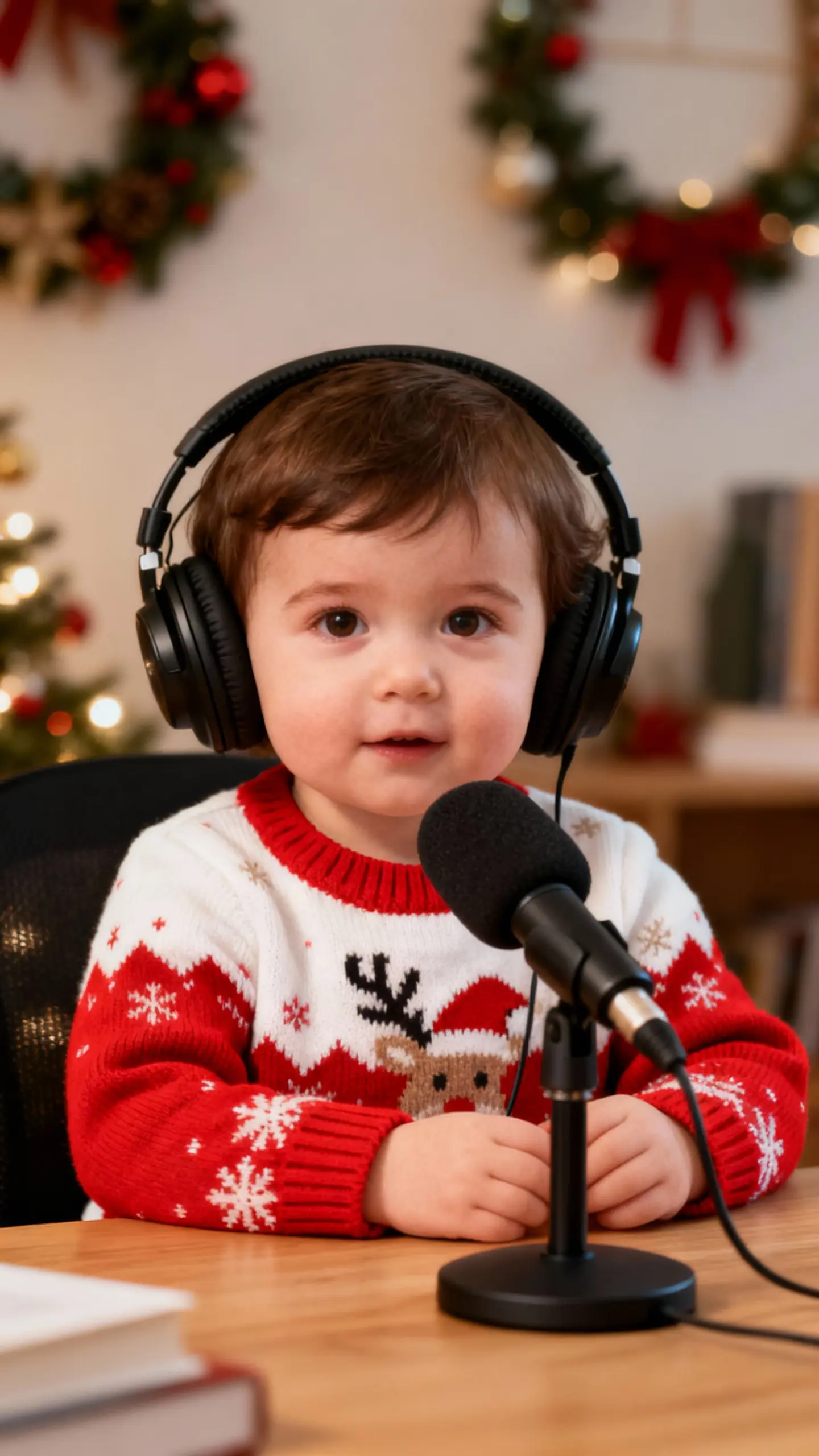 Baby is speaking into microphone Baby Podcast concept layout