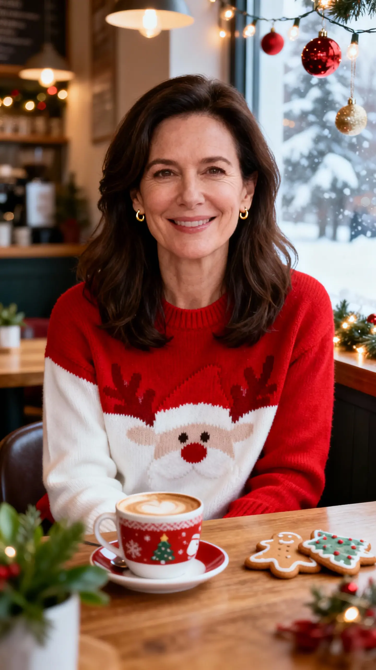 Middle aged woman in holiday outfit shown in AI Talking Photo scene