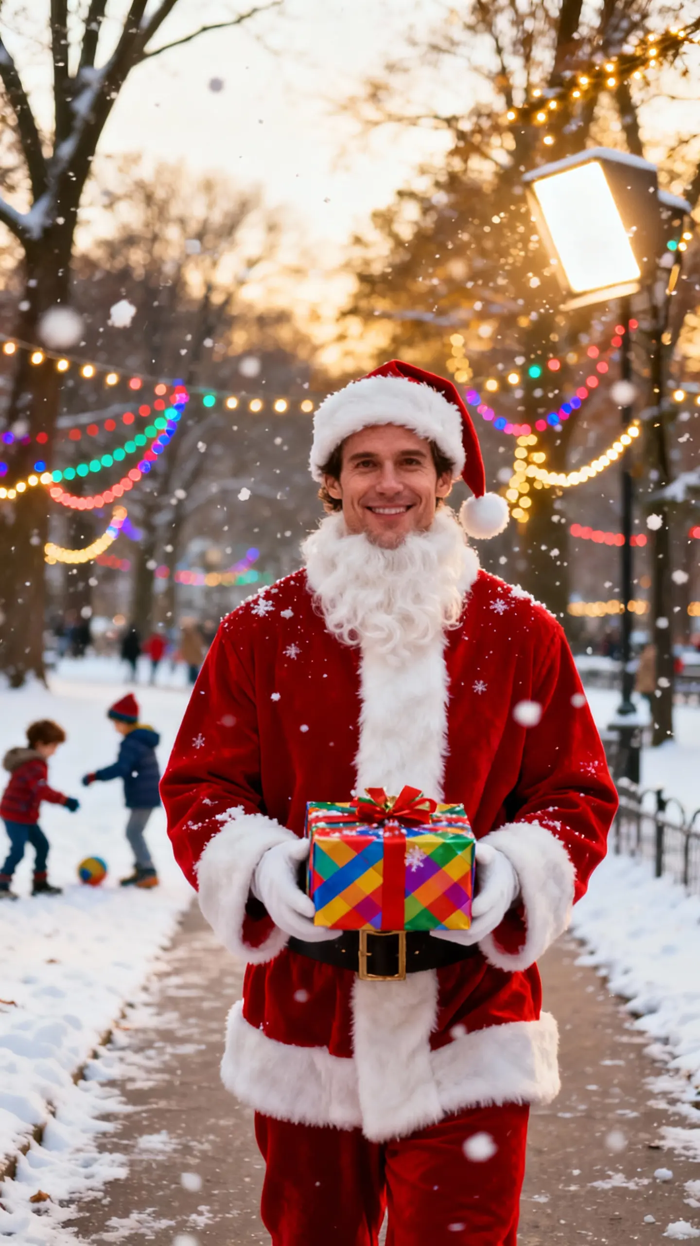 Santa clad man holding a gift AI Talking Photo template example
