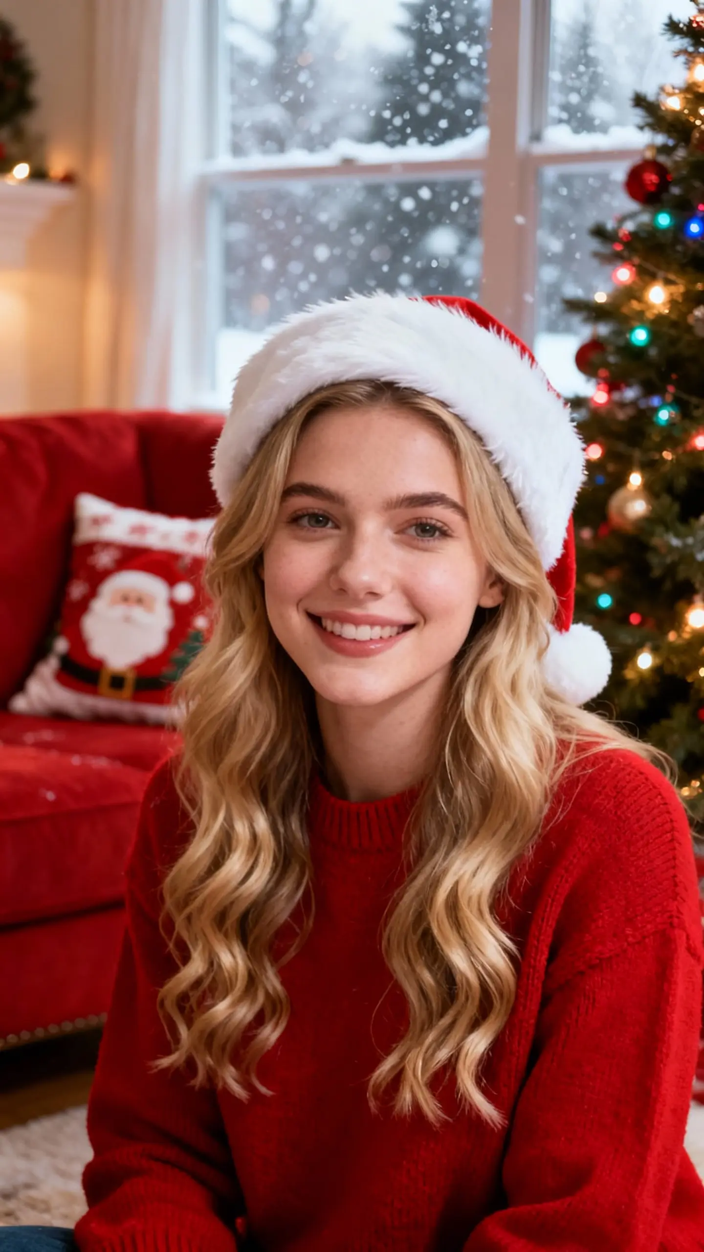 Young woman with Santa hat smiling animated via AI Talking Photo