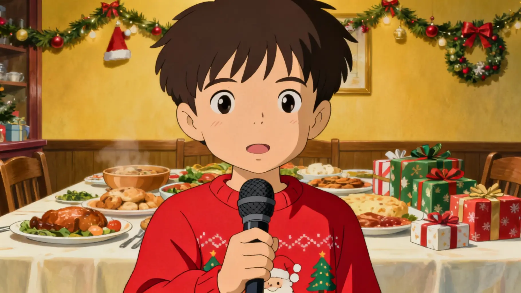 A boy wearing a Christmas sweater singing cartoon template
