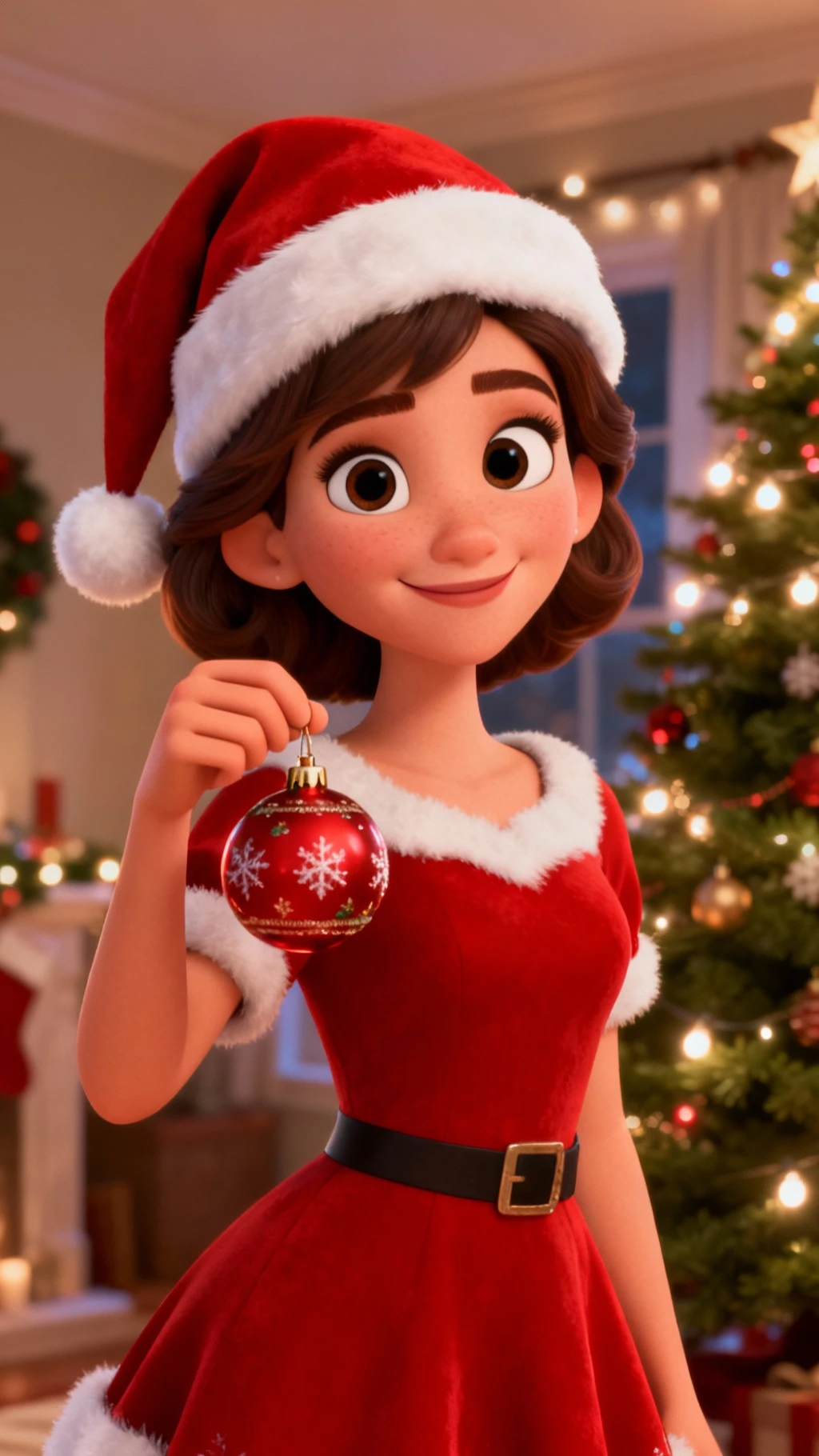 A cheerful girl in a Santa hat waving