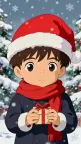 Boy in a Santa hat holding a gift in a snowy Christmas scene