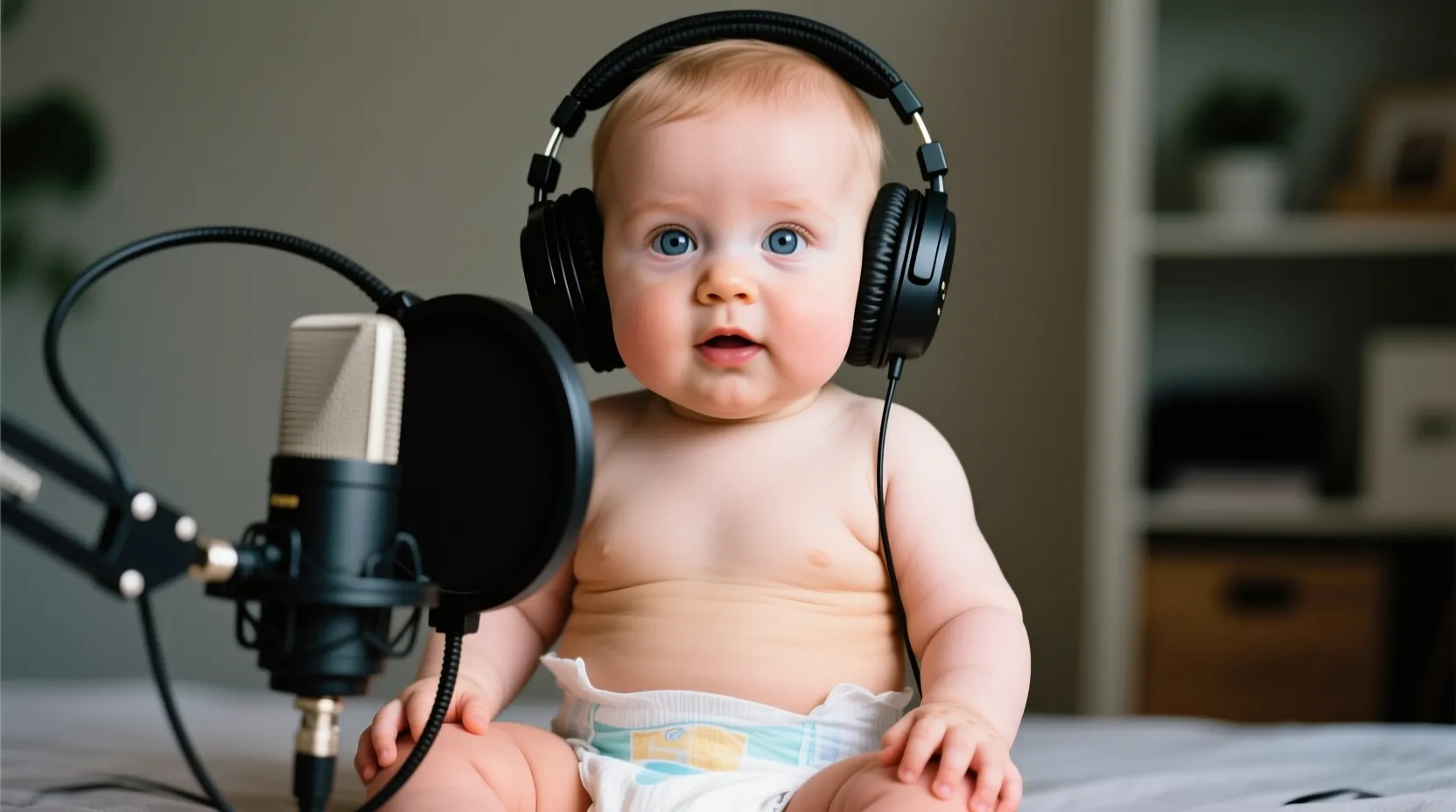 宝宝在工作室拿着麦克风主持播客