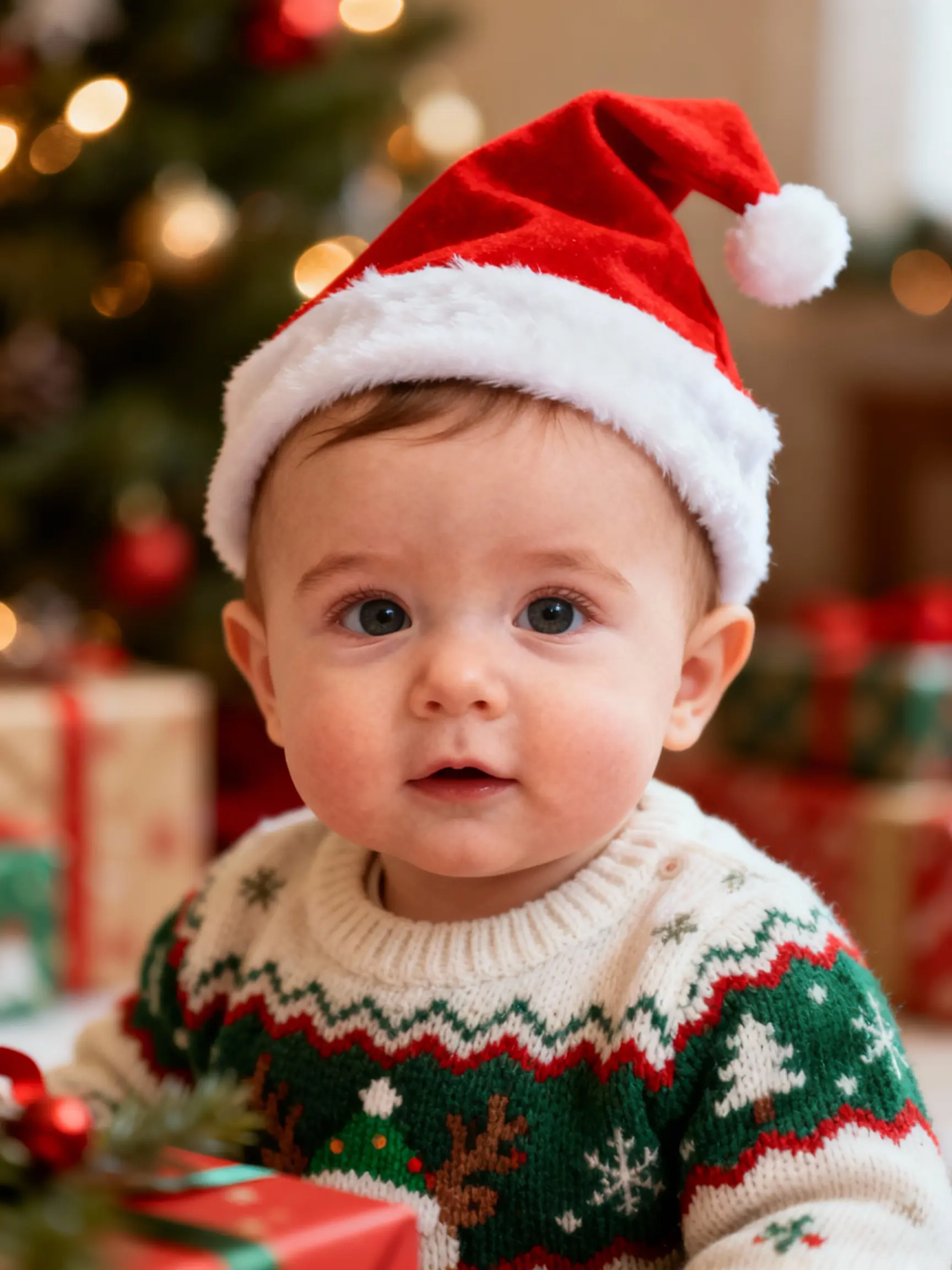 Contoh bayi lucu dengan sweter Natal dengan hadiah