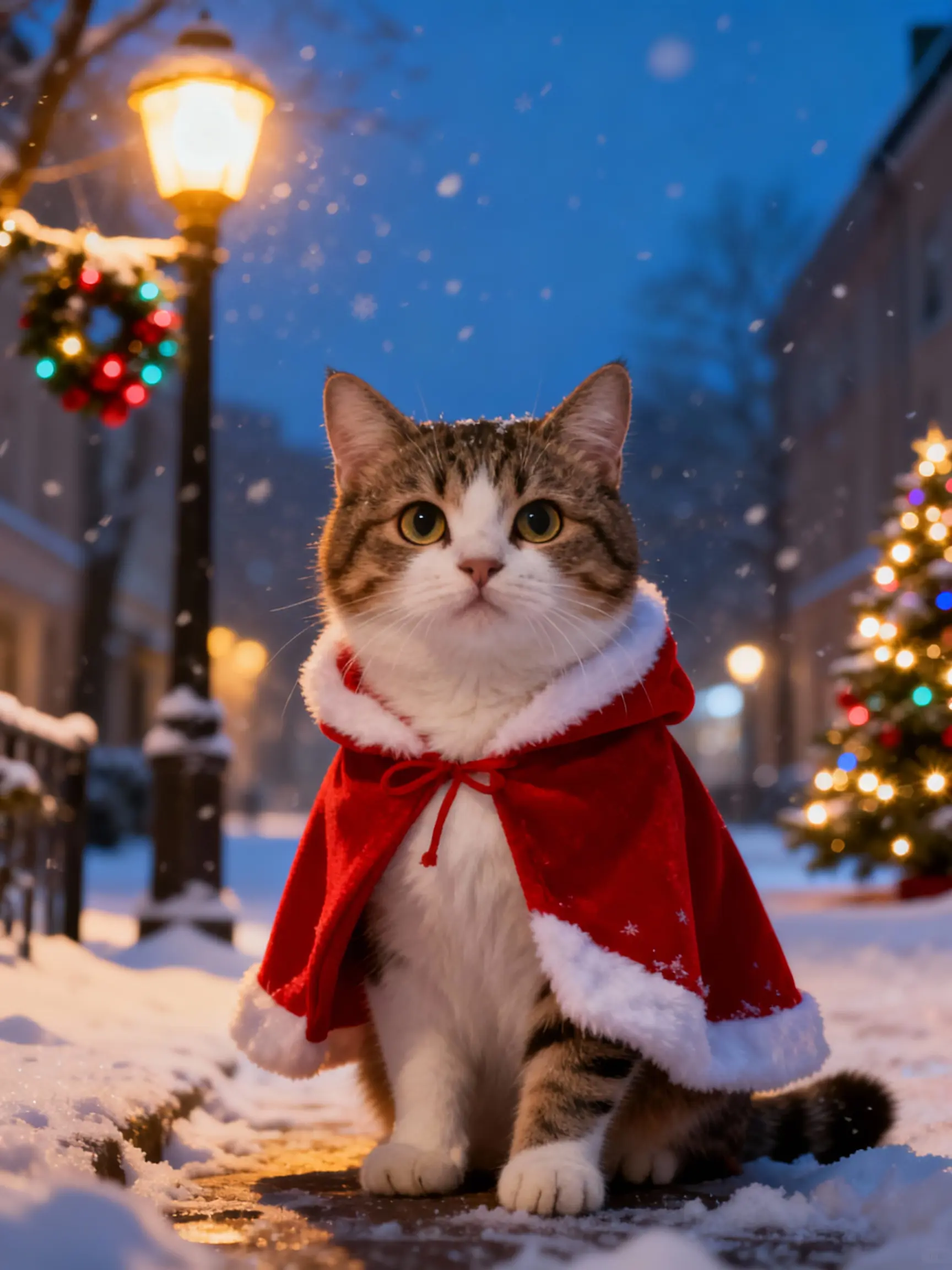 Contoh kucing realistis dengan jubah Natal di jalan malam bersalju