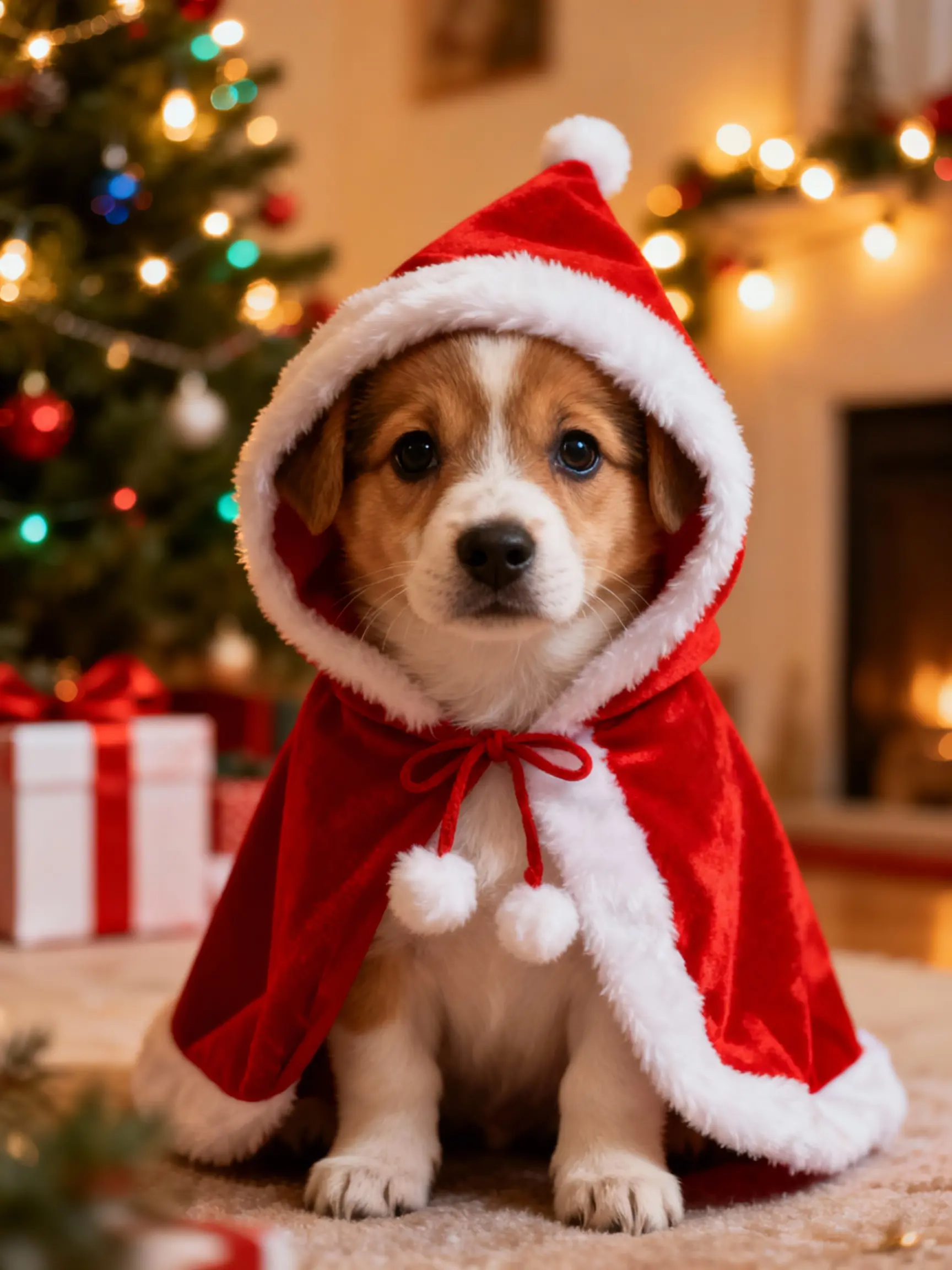 Contoh anjing realistis dengan jubah Natal dalam suasana dalam ruangan yang nyaman