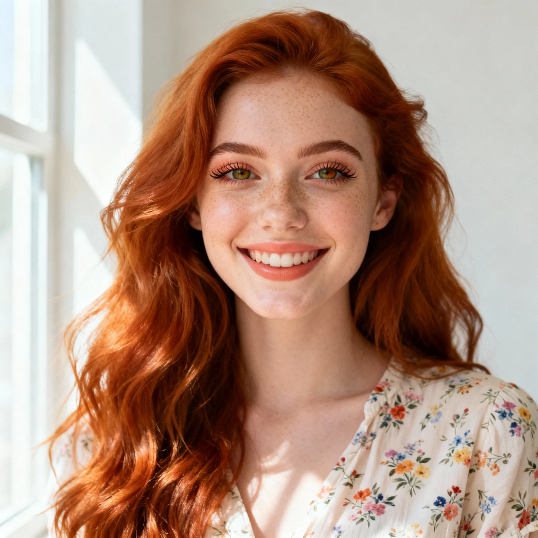 Smiling woman with long red wavy hair