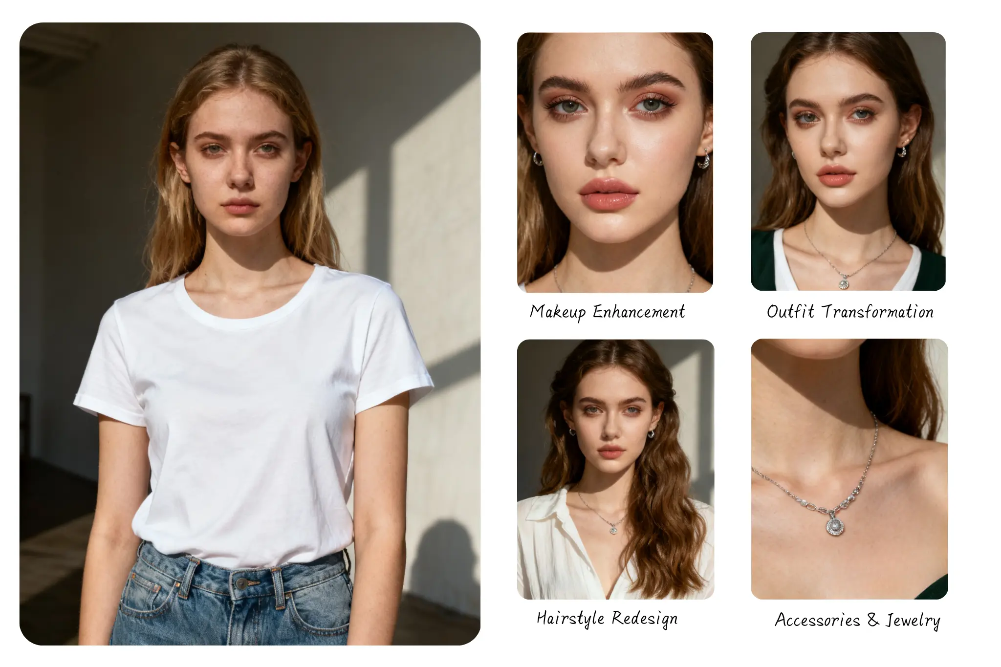 具有新妆容、发型、服装的前后 AI 肖像