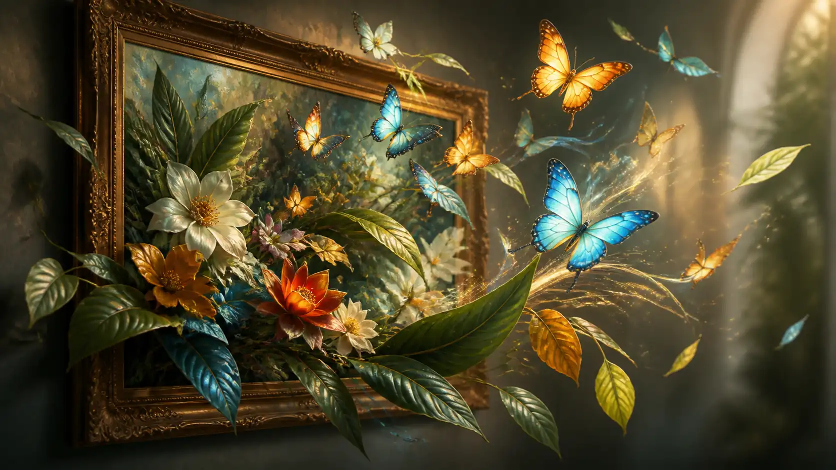Painted botanical artwork animated into dimensional butterflies and leaves