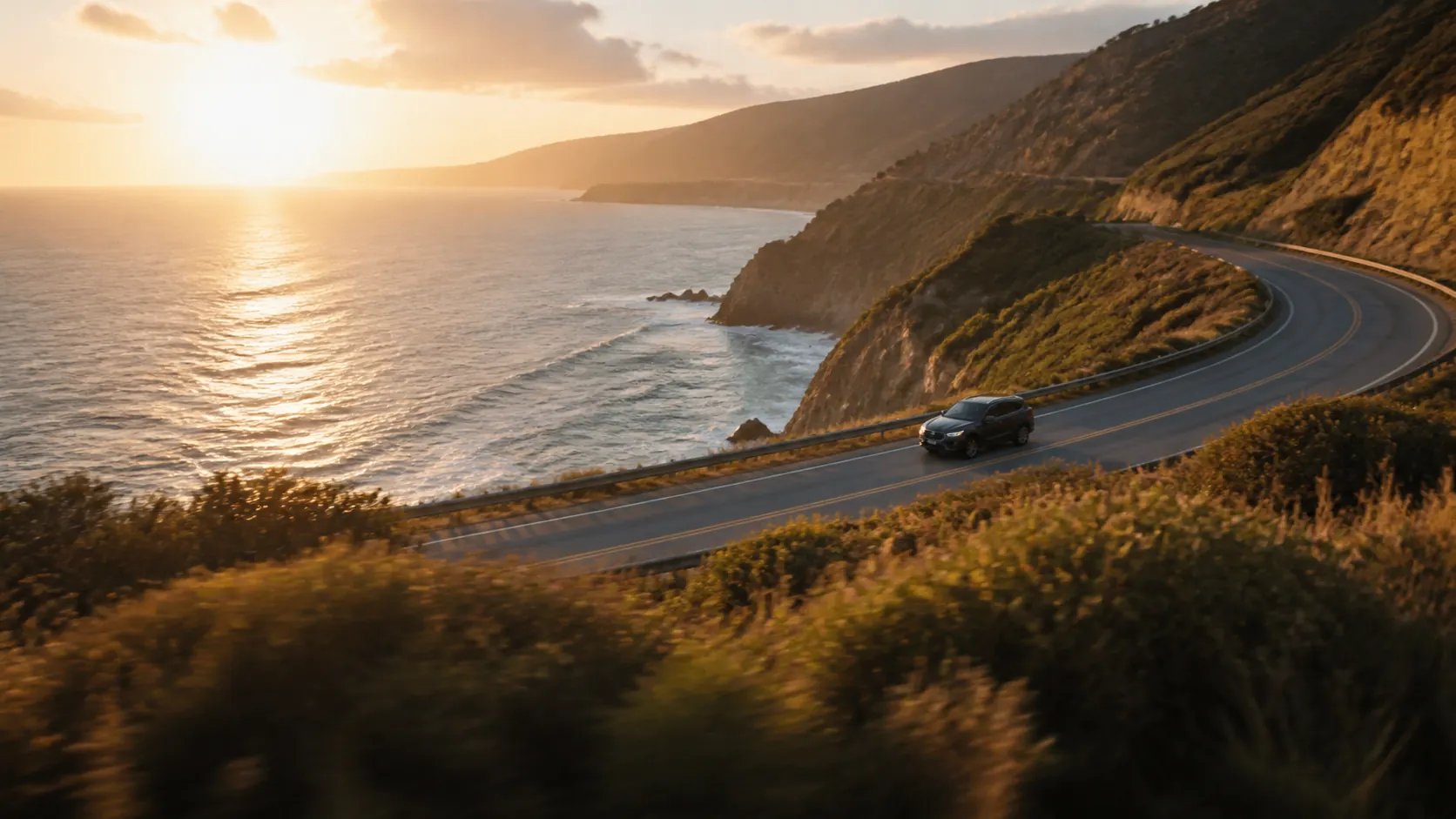 Cinematic coastal road establishing shot for B-roll