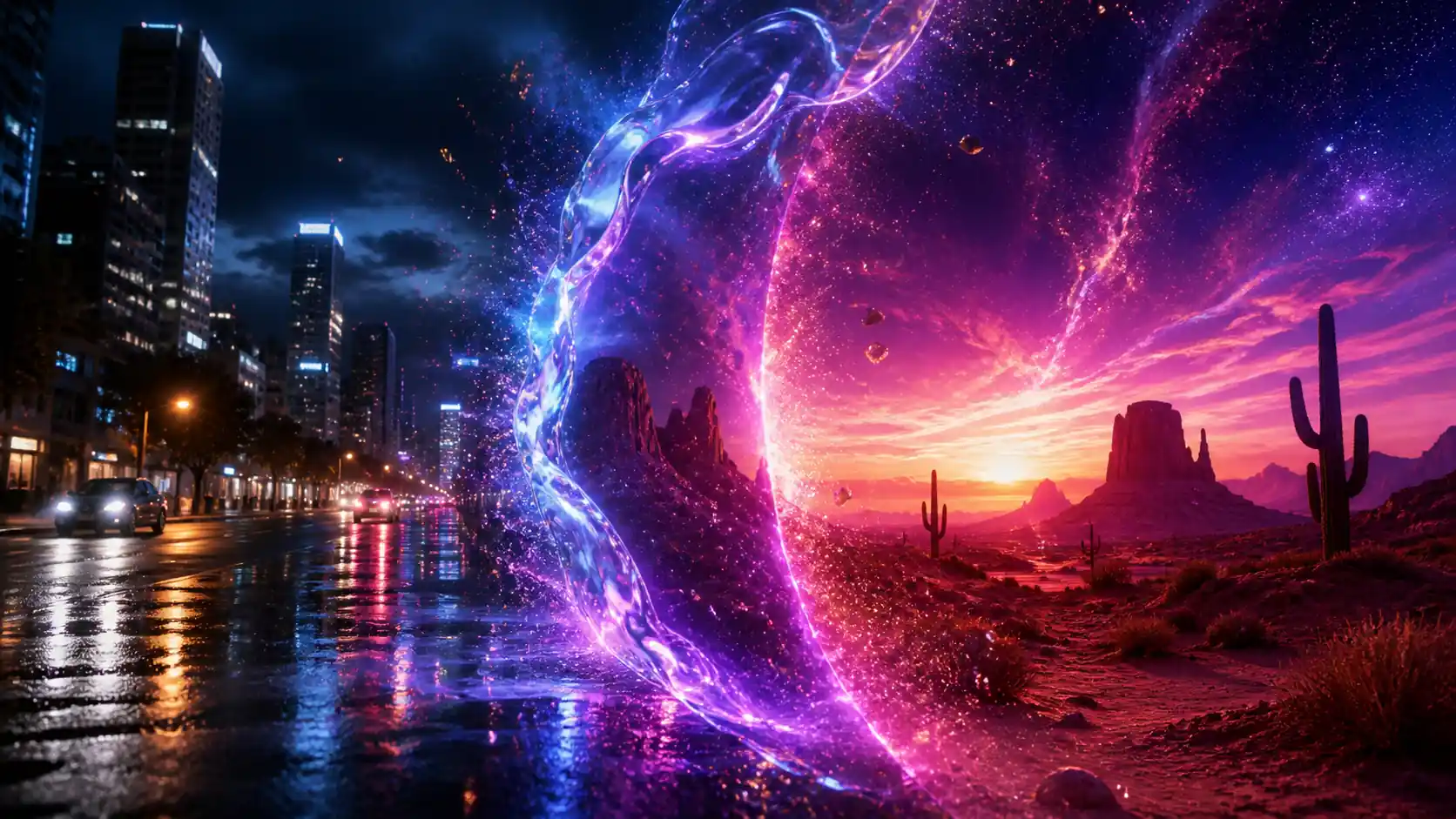 Urban scene transforming through a visual effects portal into a neon desert