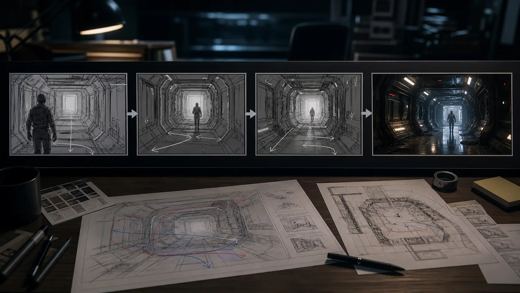 Sequential storyboard frames developing into a cinematic previsualization