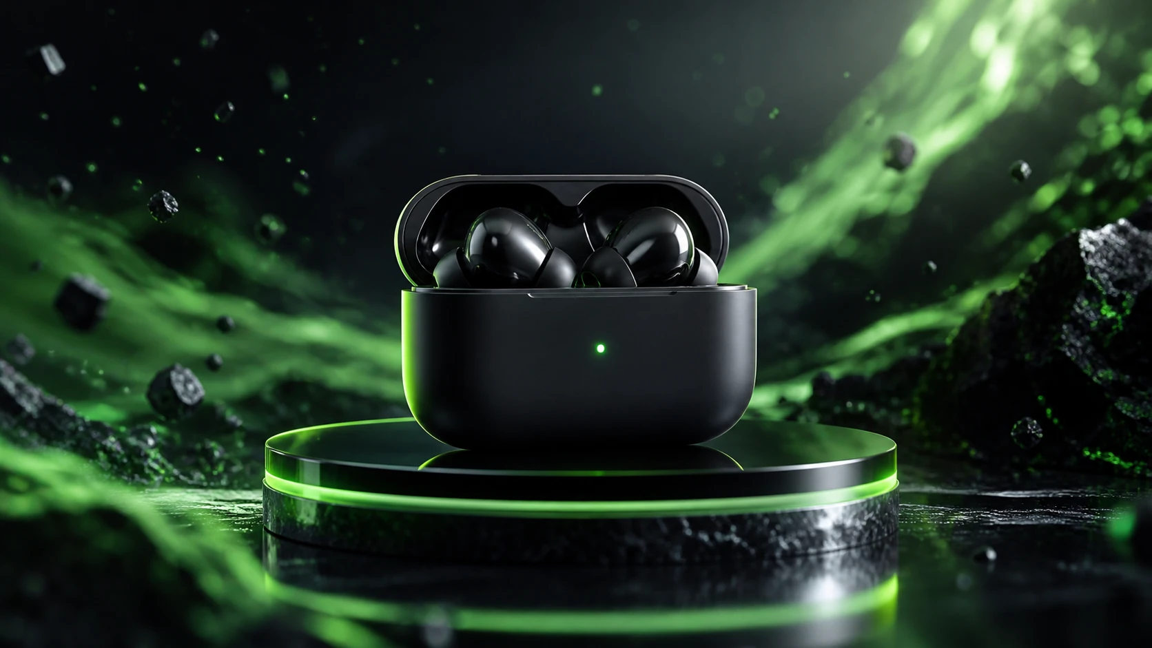 AI-generated wireless earbuds product advertising scene