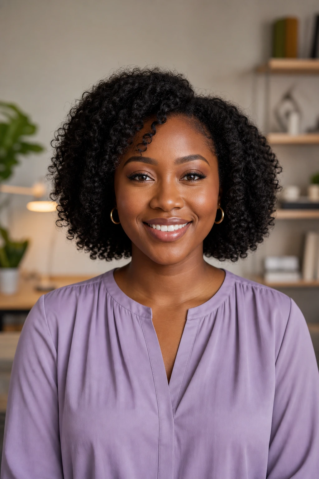 A woman with curly black hair