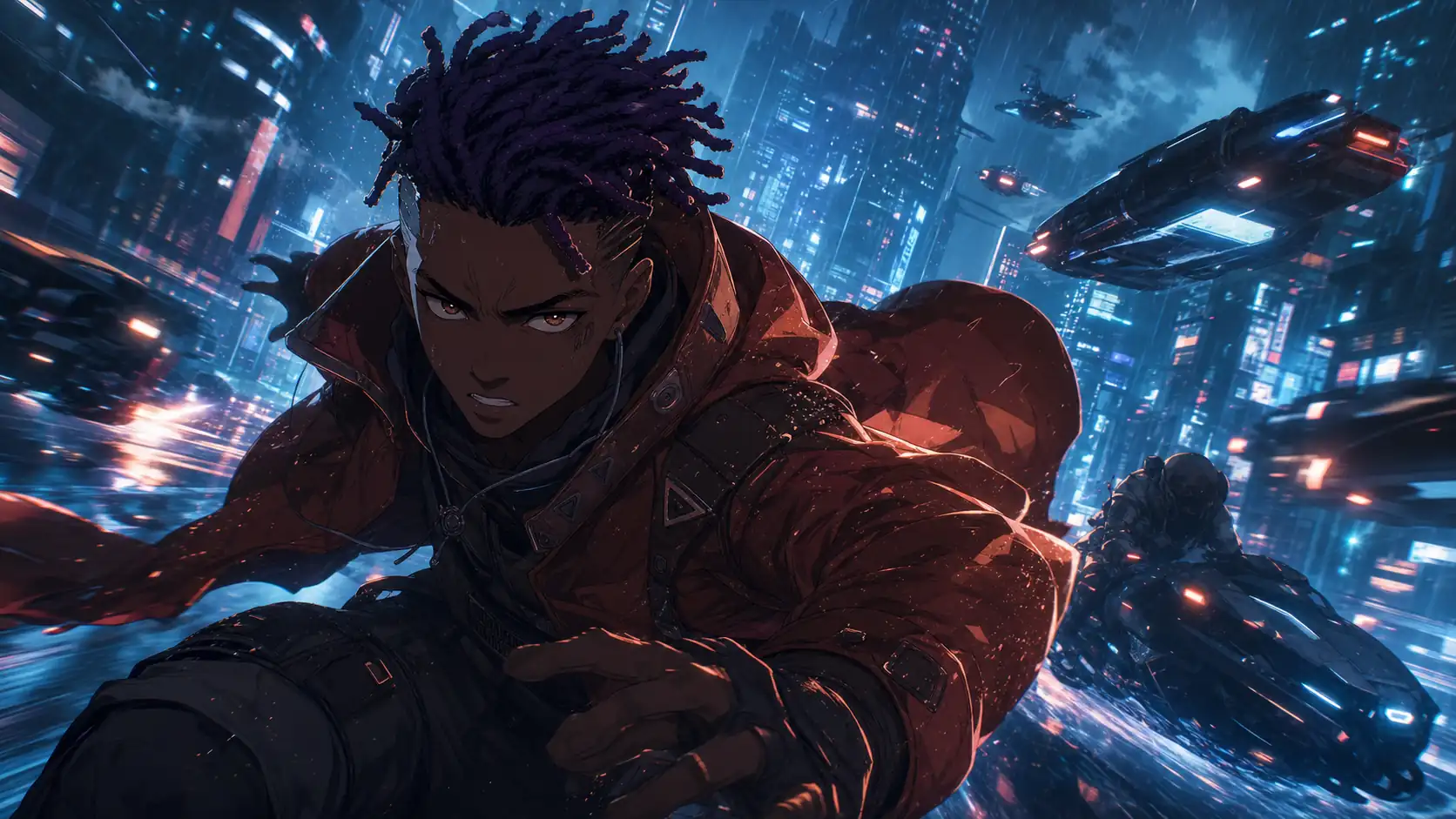 dark skinned male anime character in a cinematic science fiction video scene