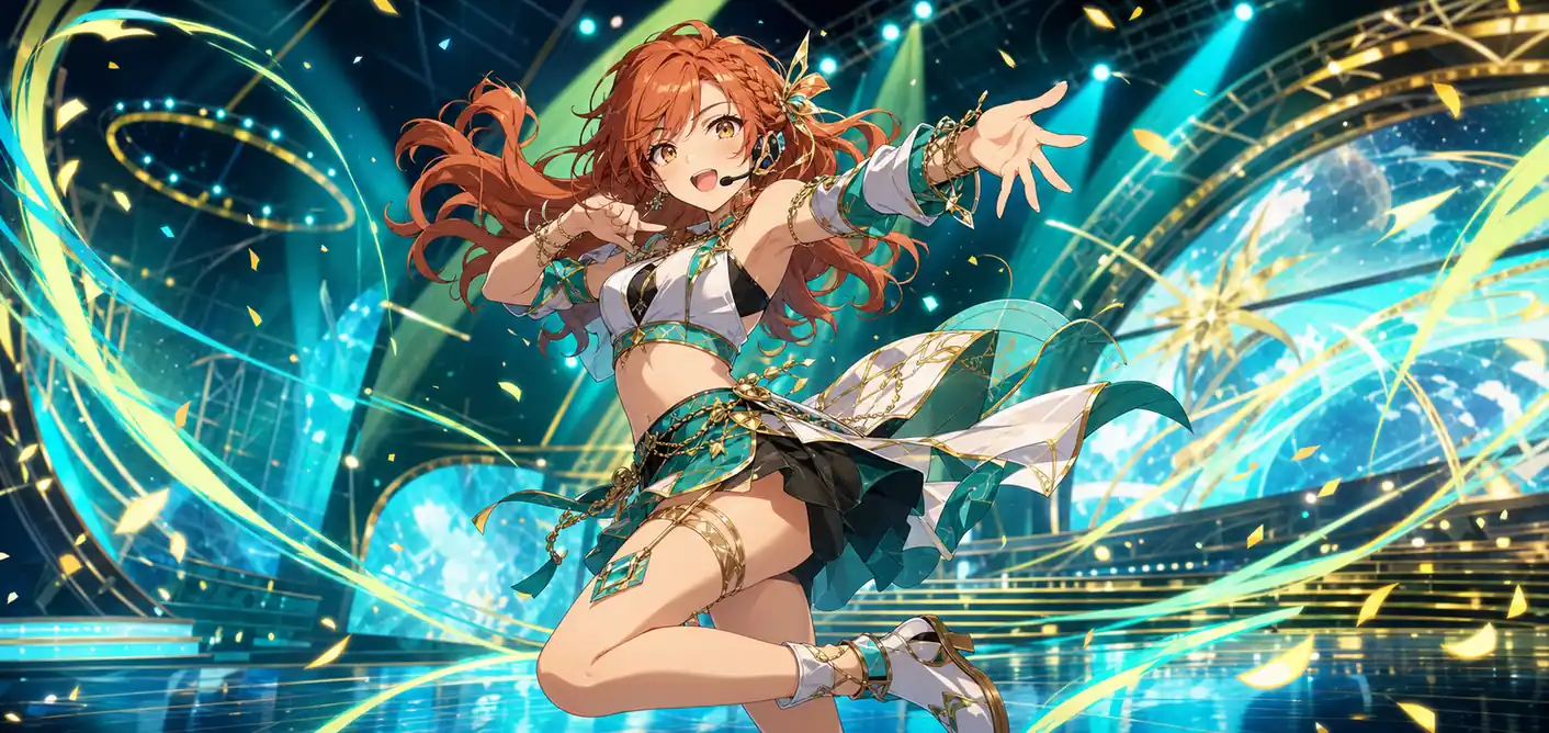 red haired female anime avatar performing a singing and dancing routine