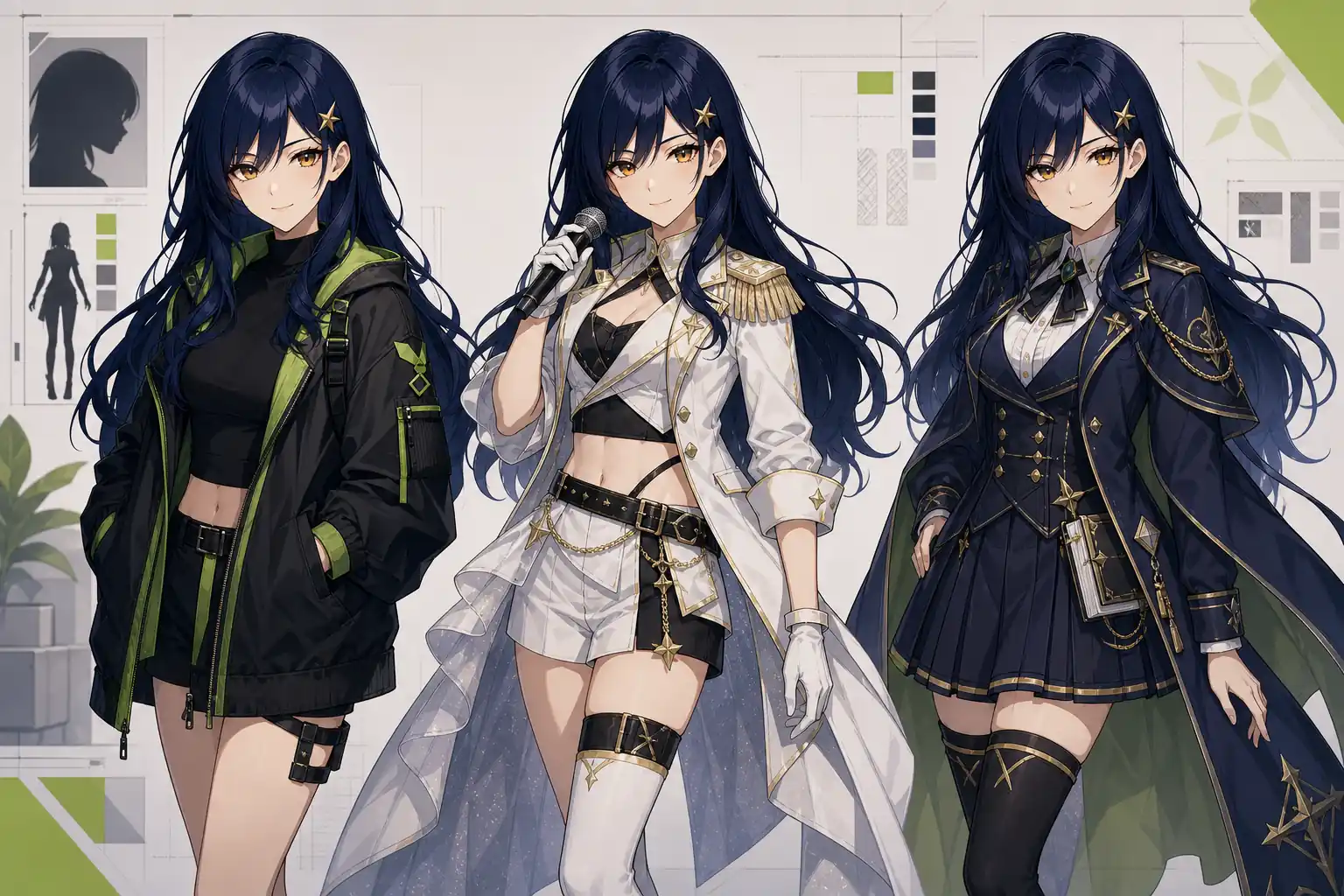 reusable blue haired anime character shown in multiple outfits and scenes