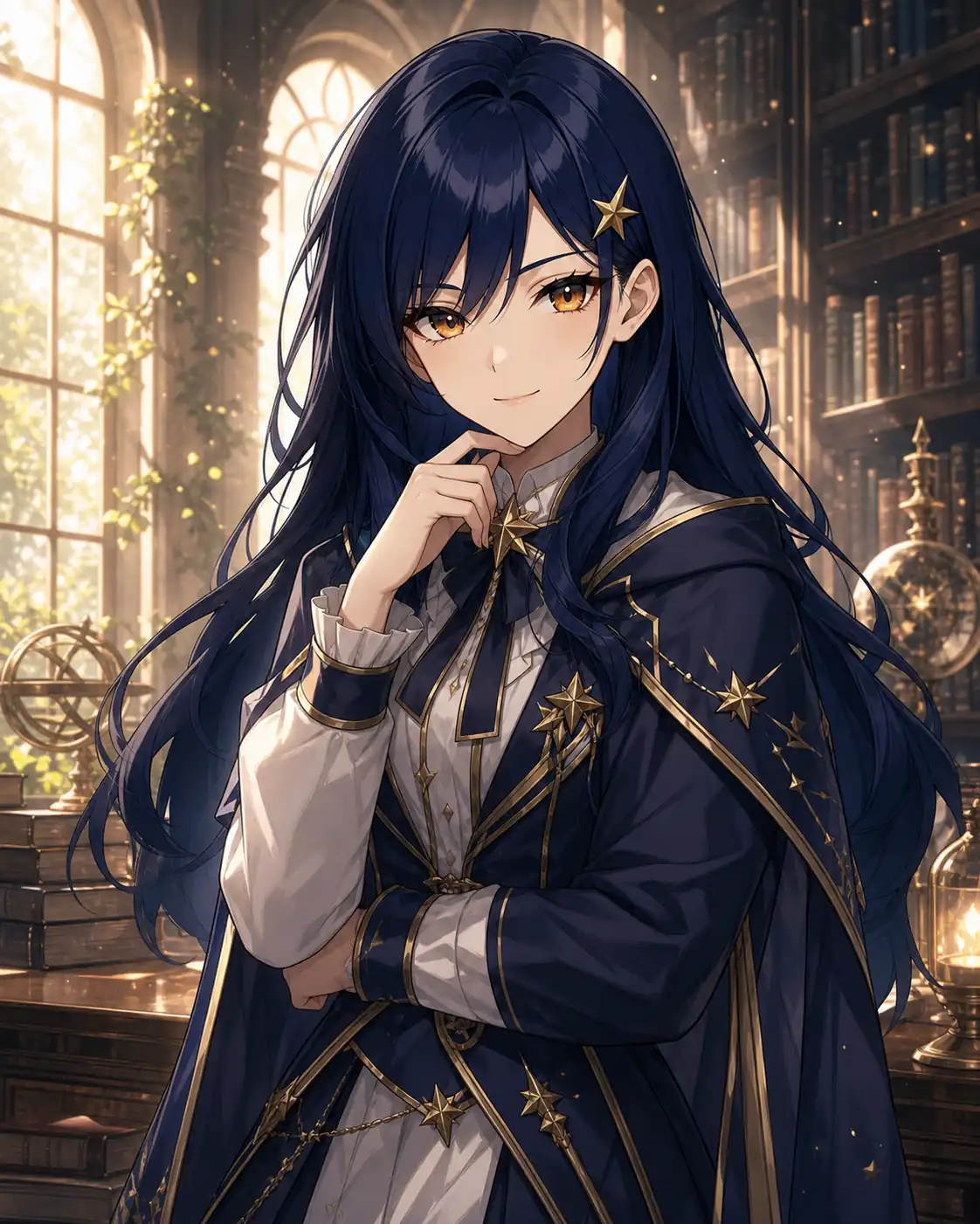 the same blue haired anime character in a fantasy library