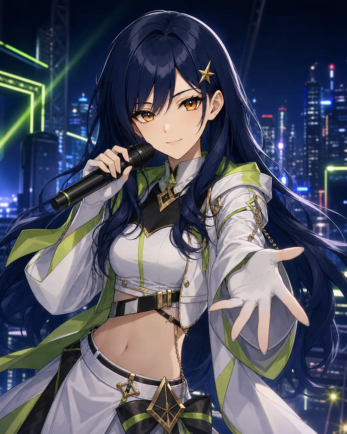 the same blue haired anime character wearing a stage outfit