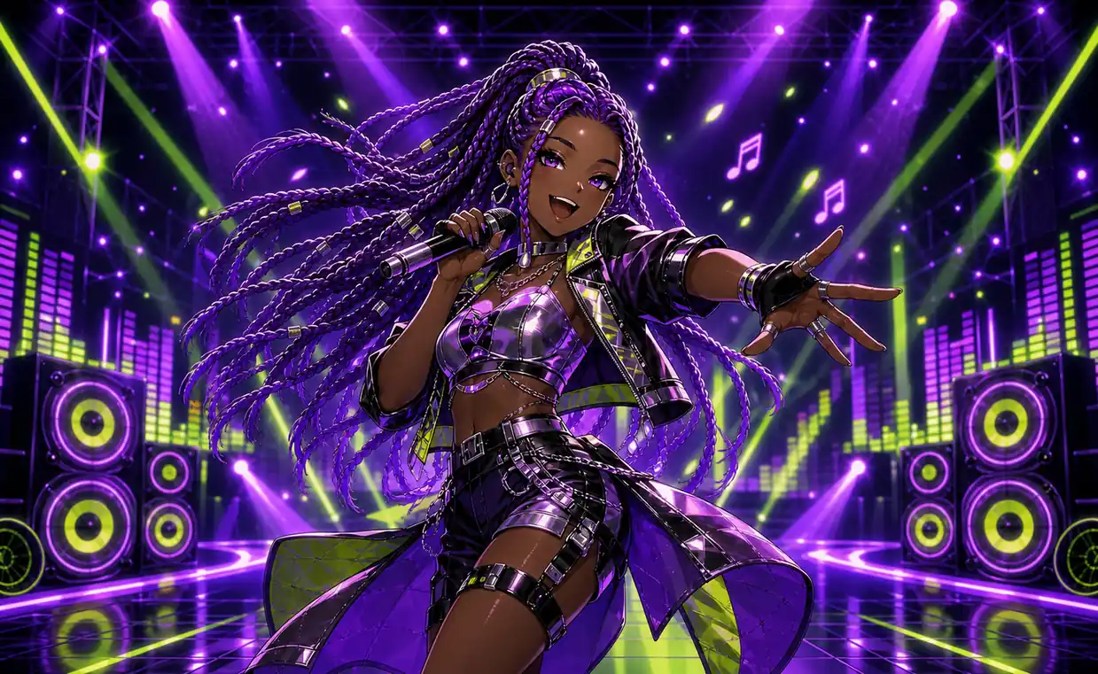anime singer and dancer performing on a virtual concert stage