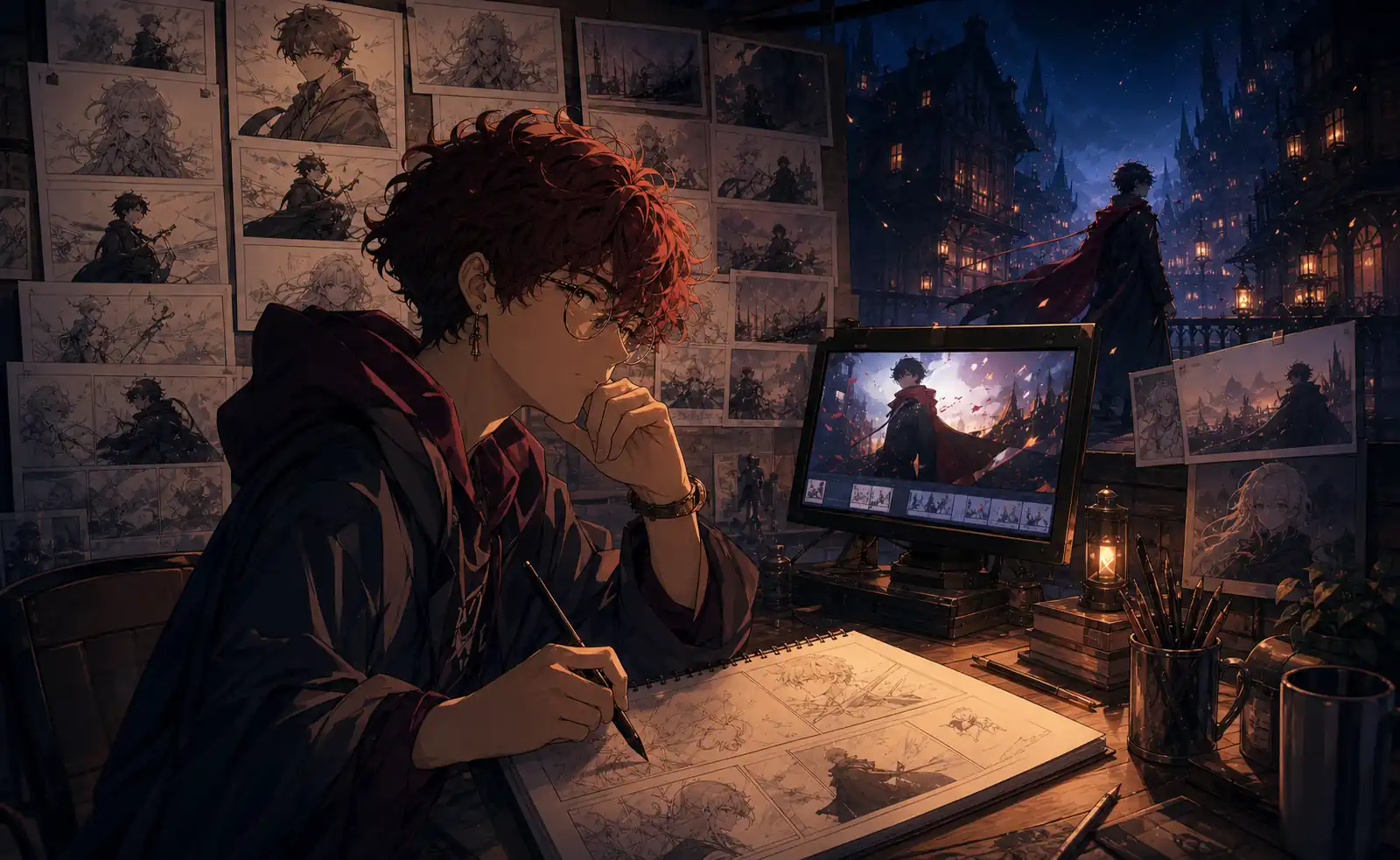 indie anime creator developing storyboards and cinematic scenes