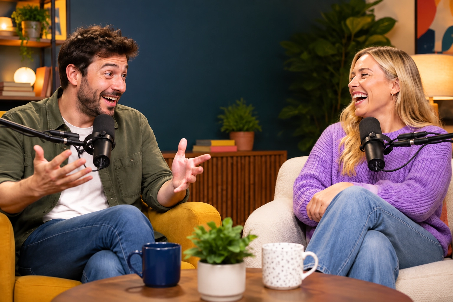 Conversación expresiva de un pódcast de comedia entre dos personas