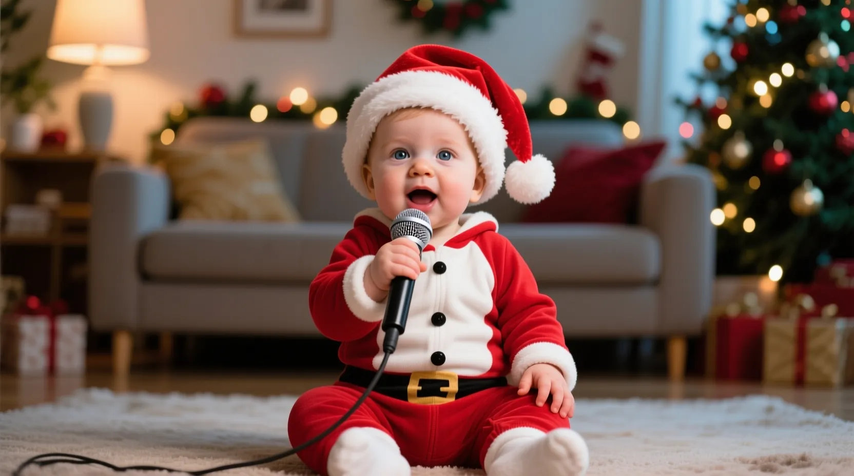 A boy in a festive Christmas outfit, perfect for holiday singing clips