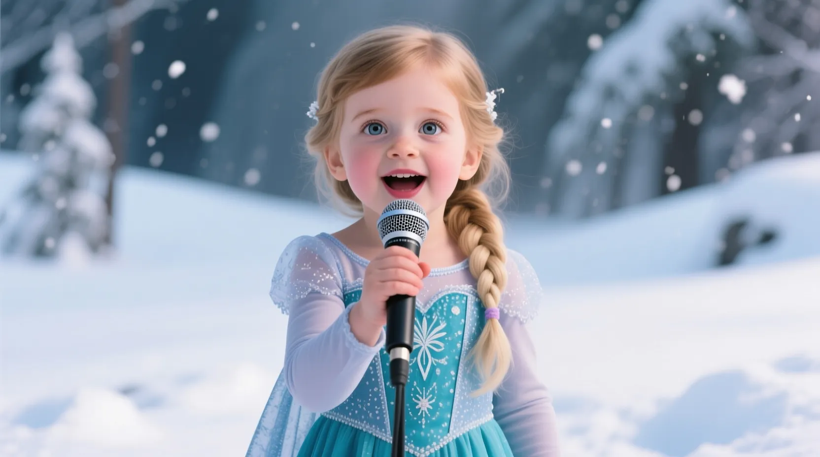 A girl in a winter dress on snowy ground, great for AI singing templates