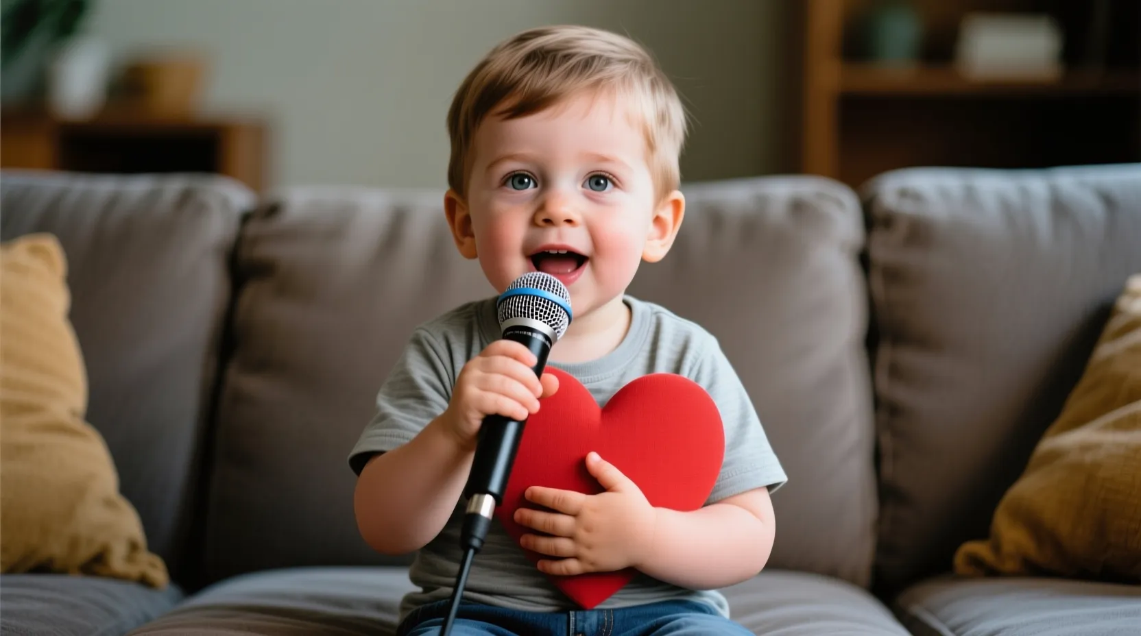 A young boy sitting on a sofa, ideal as a template for singing videos