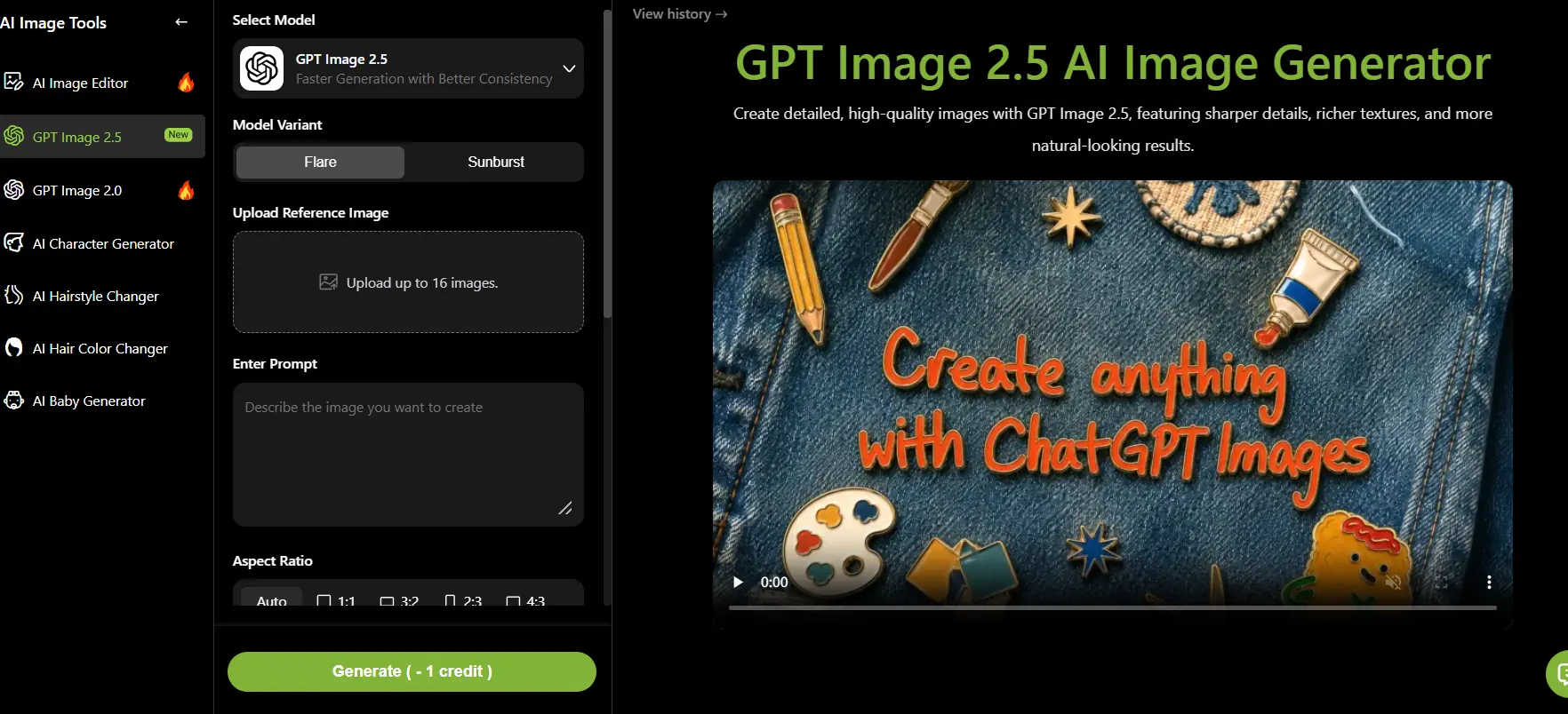 GPT Image 2.5 interface for uploading a reference image and entering a prompt