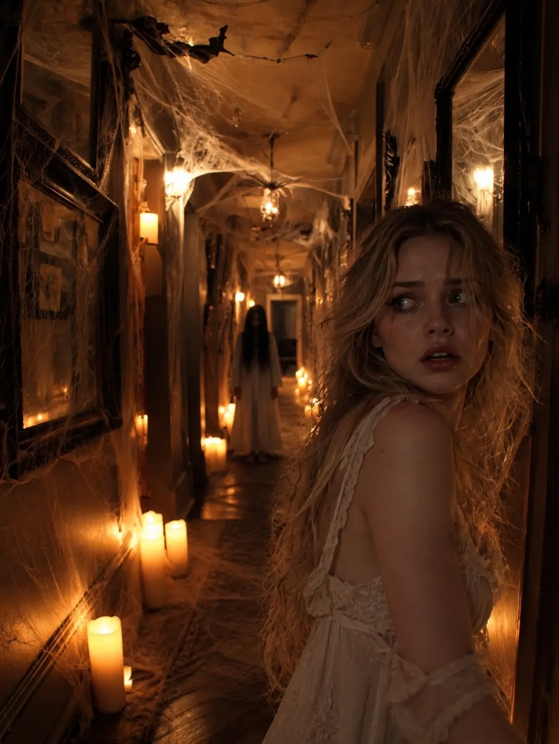 Woman looking back at a ghost in a candlelit haunted hallway