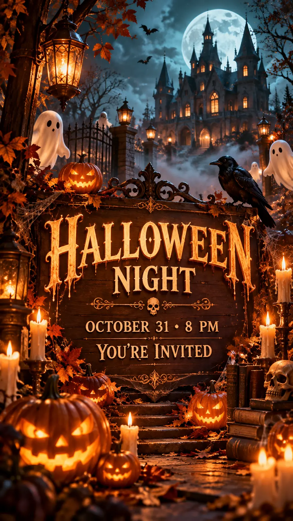 Halloween Night invitation with a haunted castle, pumpkins, candles, and ghosts