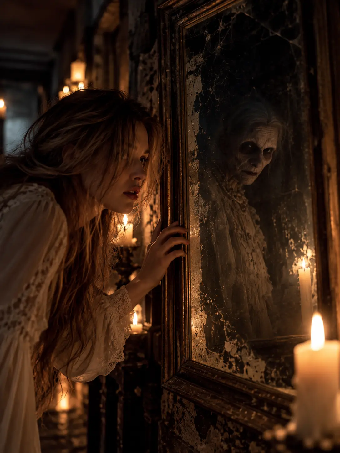 Woman facing an antique mirror with a ghostly reflection in a candlelit room
