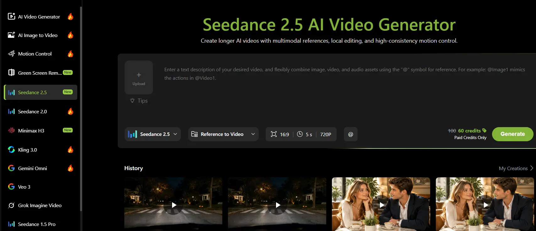 Seedance 2.5 interface with reference-to-video controls and an upload area