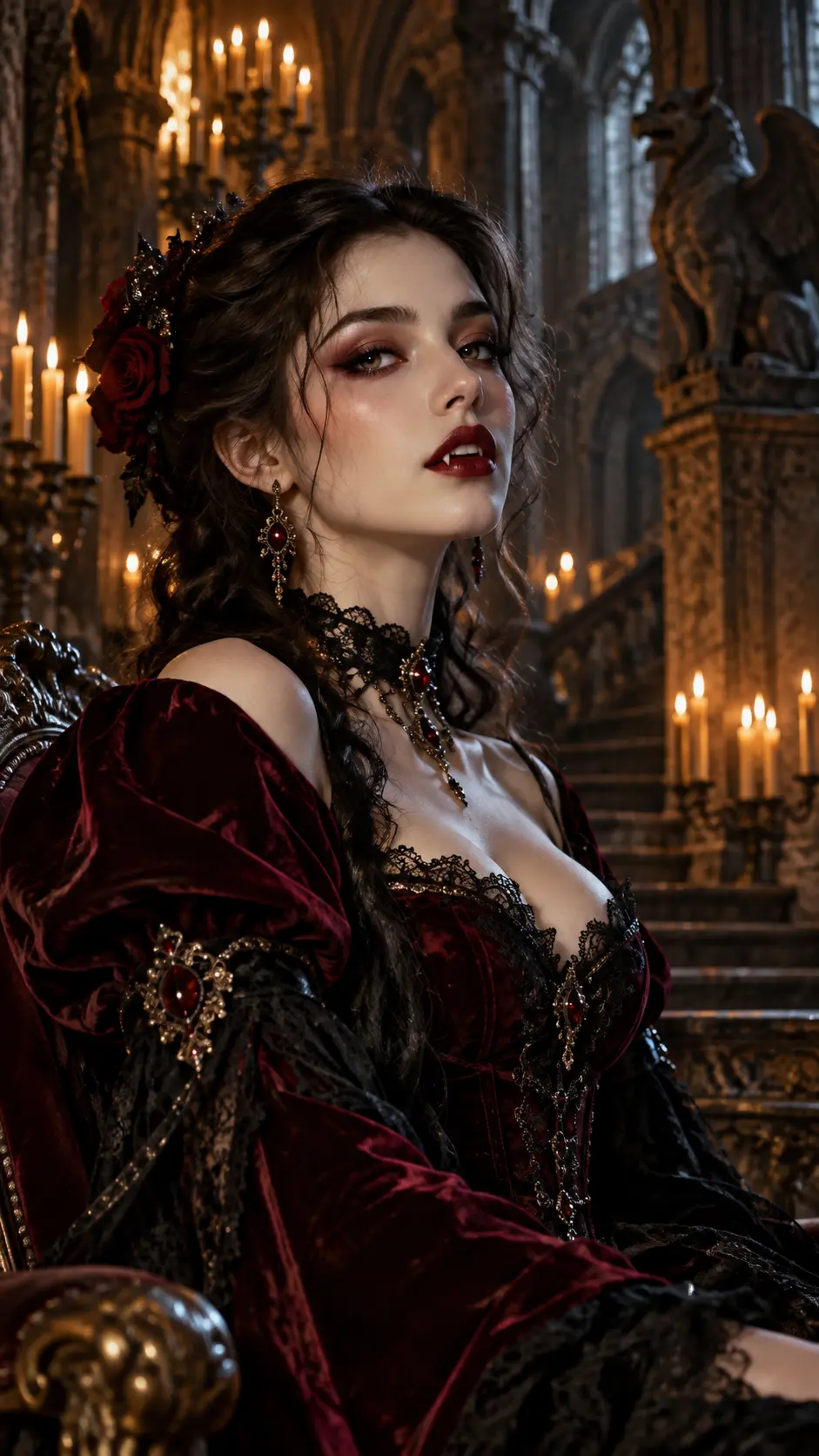 Gothic vampire woman in a burgundy velvet dress inside a candlelit castle
