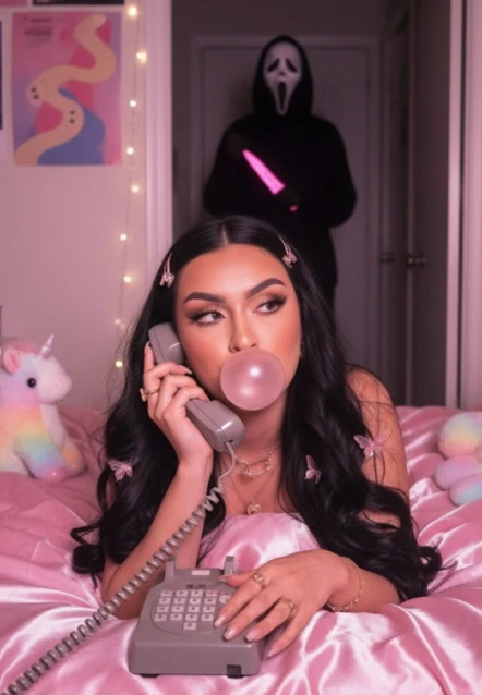 Woman holding a corded phone in a pink bedroom while a masked figure stands in the doorway