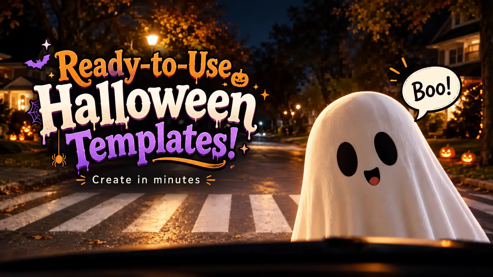 Ready-to-use Halloween templates banner with a cartoon ghost on a decorated street