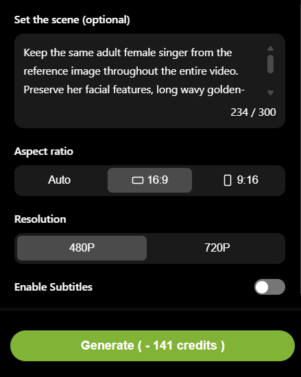 Singing Photo 3.0 settings for scene description, aspect ratio, resolution, and subtitles