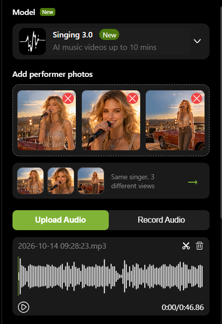 Singing Photo 3.0 interface with three performer photos and an uploaded audio track