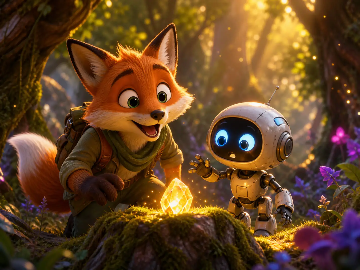 Animated fox and robot finding crystal