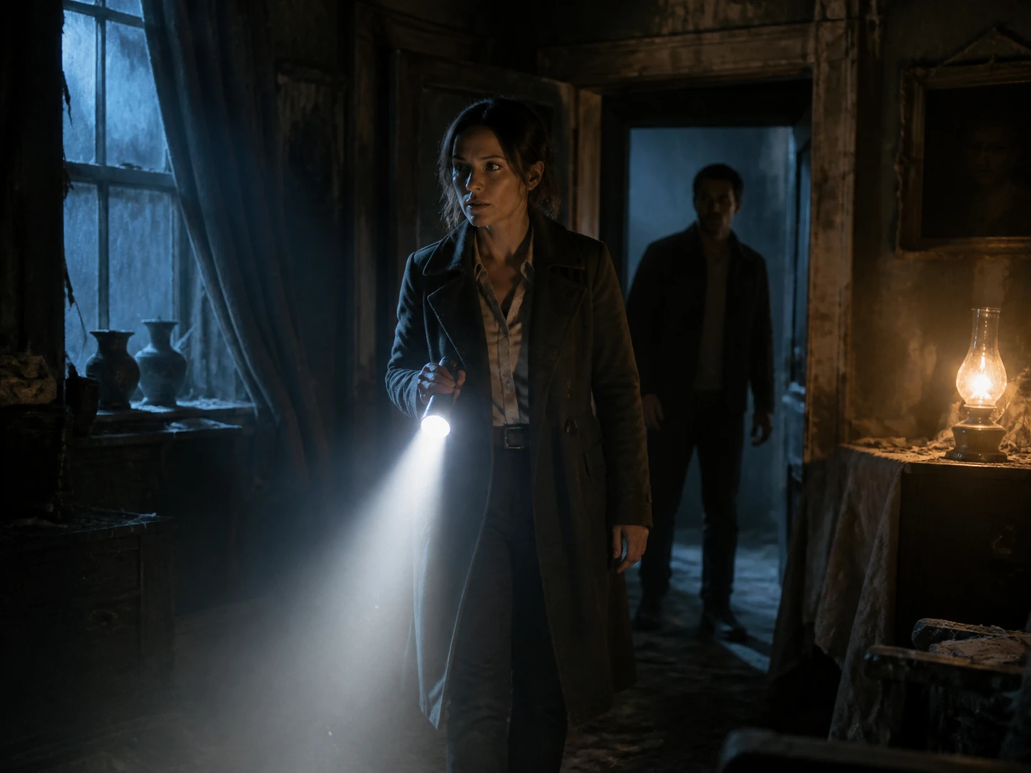 Characters exploring a mysterious dark house