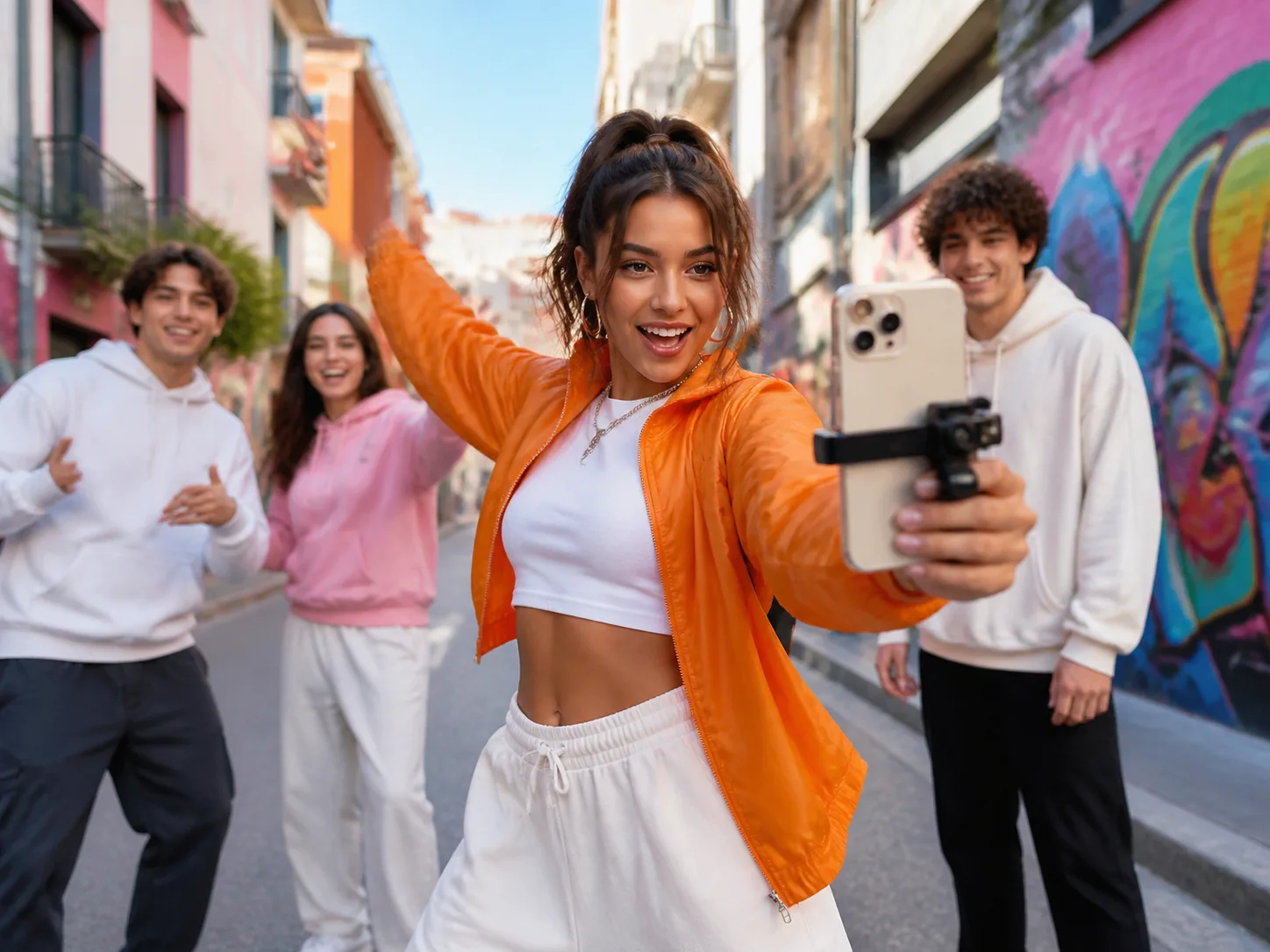 Creator filming street fashion with friends