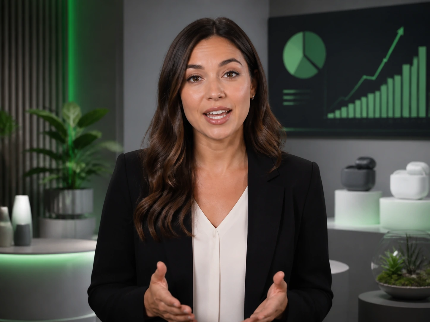 Digital presenter speaking in a modern studio