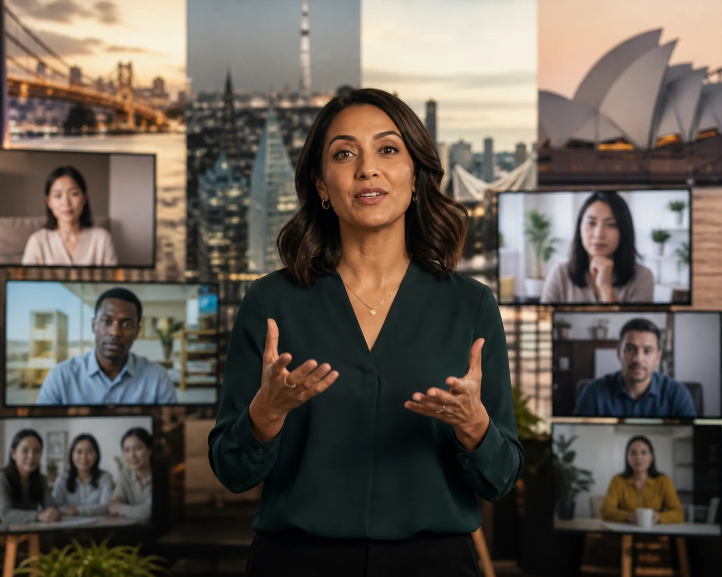 Presenter addressing a multilingual video audience