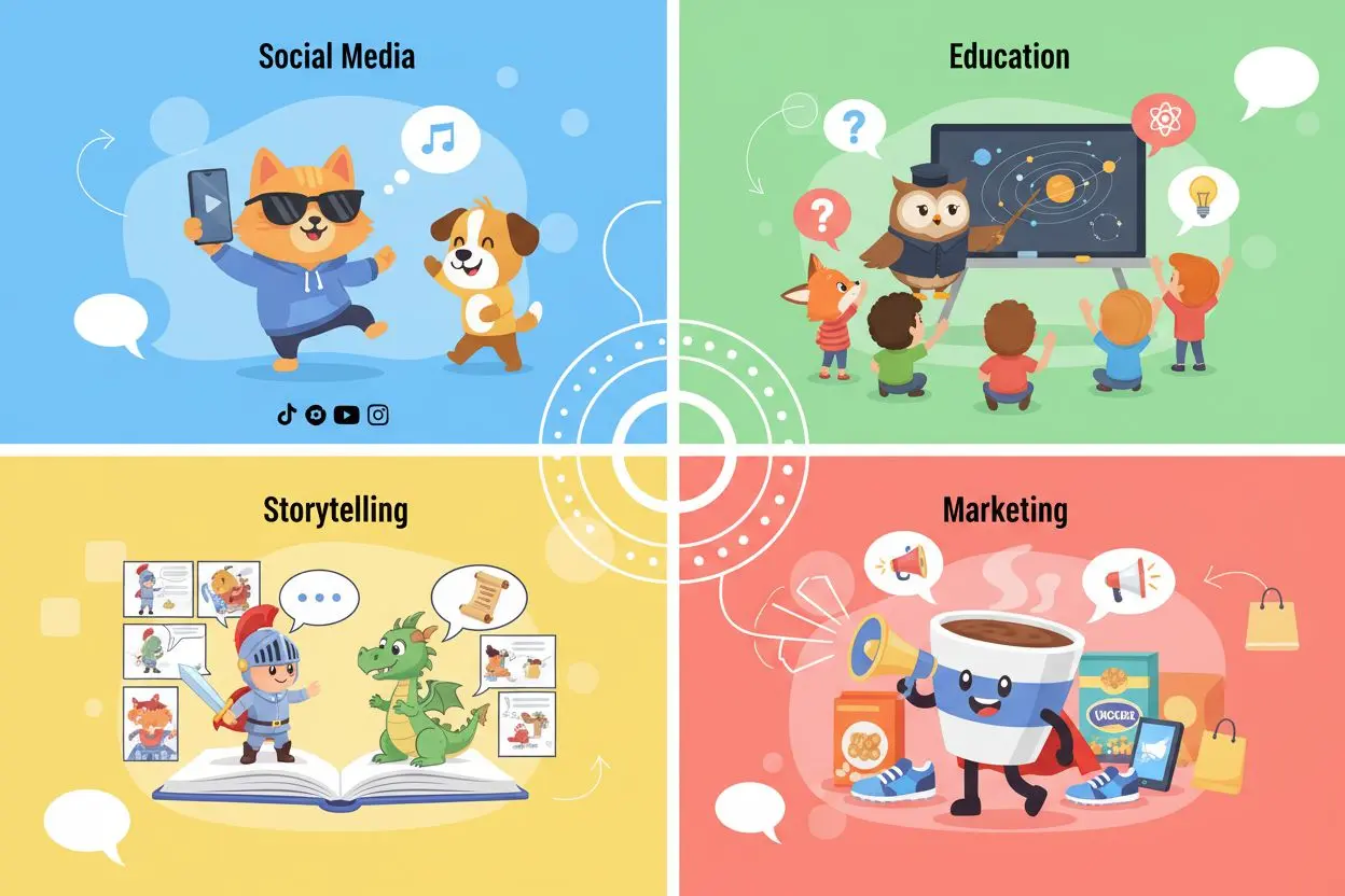 Dibujo animado parlante animado para redes sociales, educación, narrativa, marketing