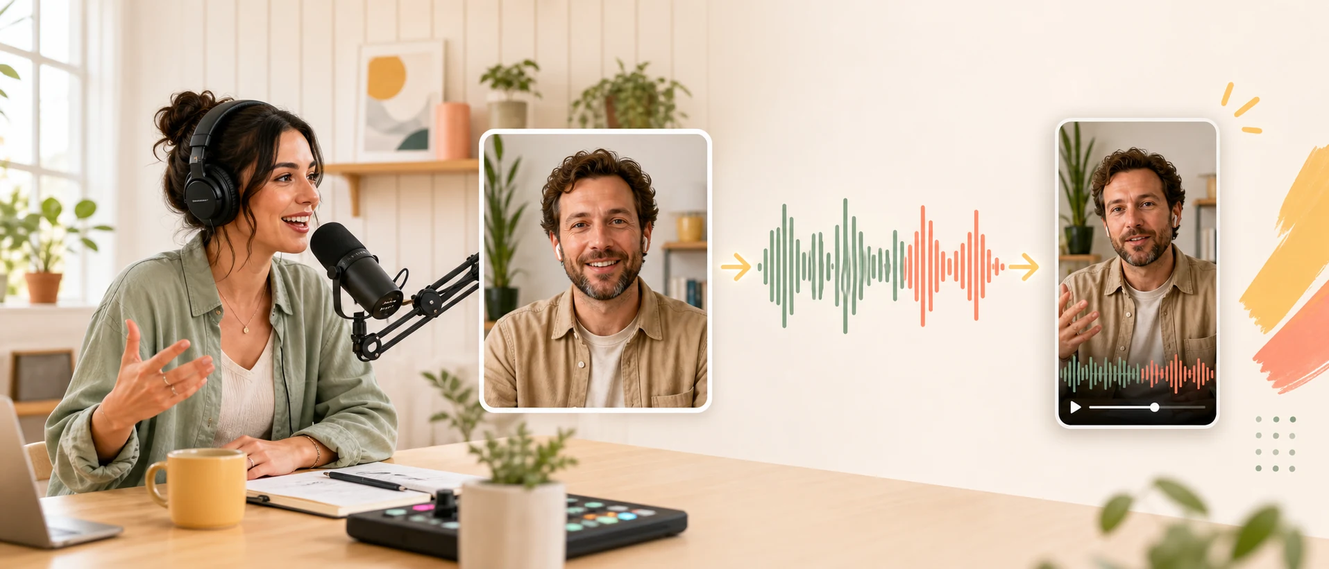 Porträts von Podcast-Host und Gast als Audio-Teaser-Video