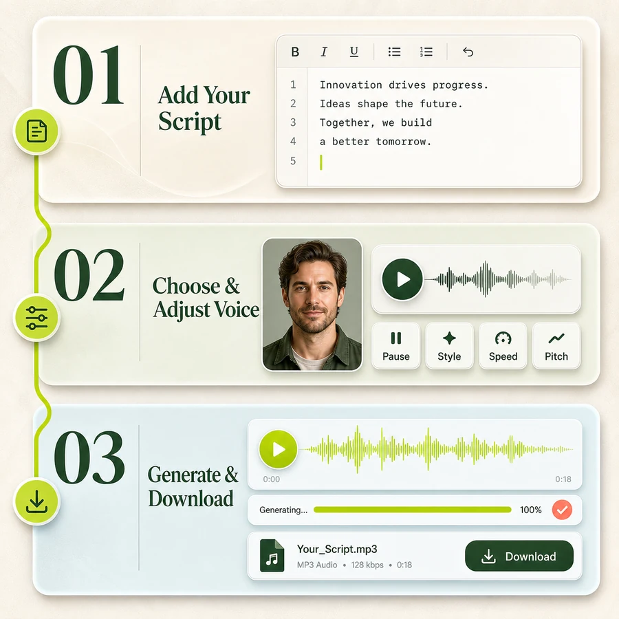 Three step text to speech workflow